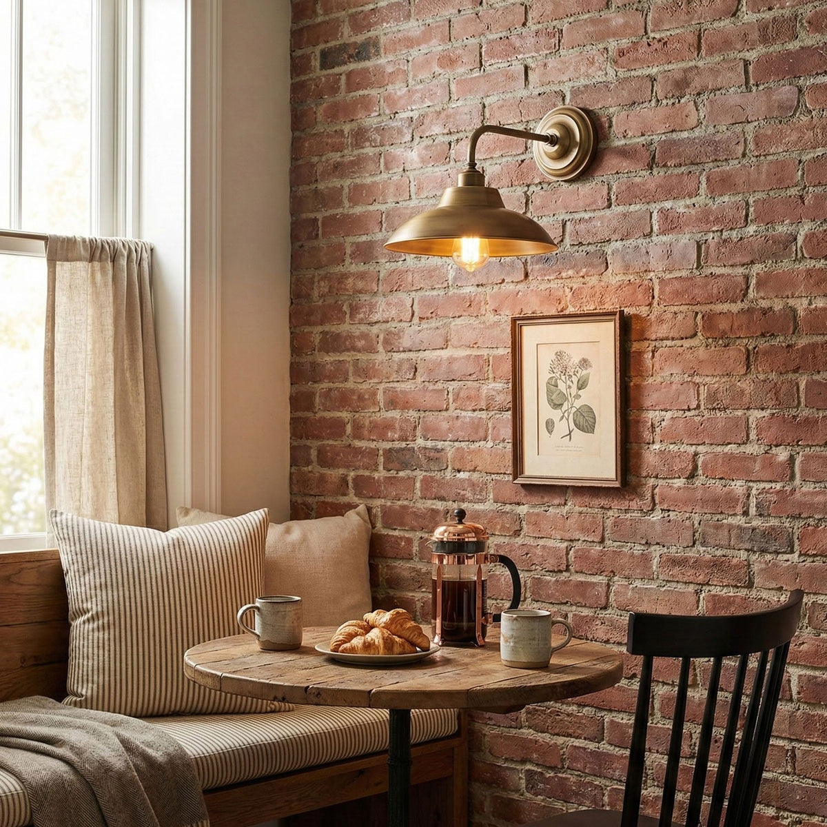 A Clérachic brass dome wall light glows against a red brick wall above a small round café table set with coffee and croissants.