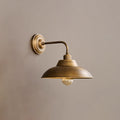 Side view of this Clérachic antique brass wall light on a soft taupe wall, with a clear bulb hanging below the dome shade.