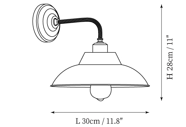 Clérachic wall light dimension drawing, every measurement marked in centimetres and inches.