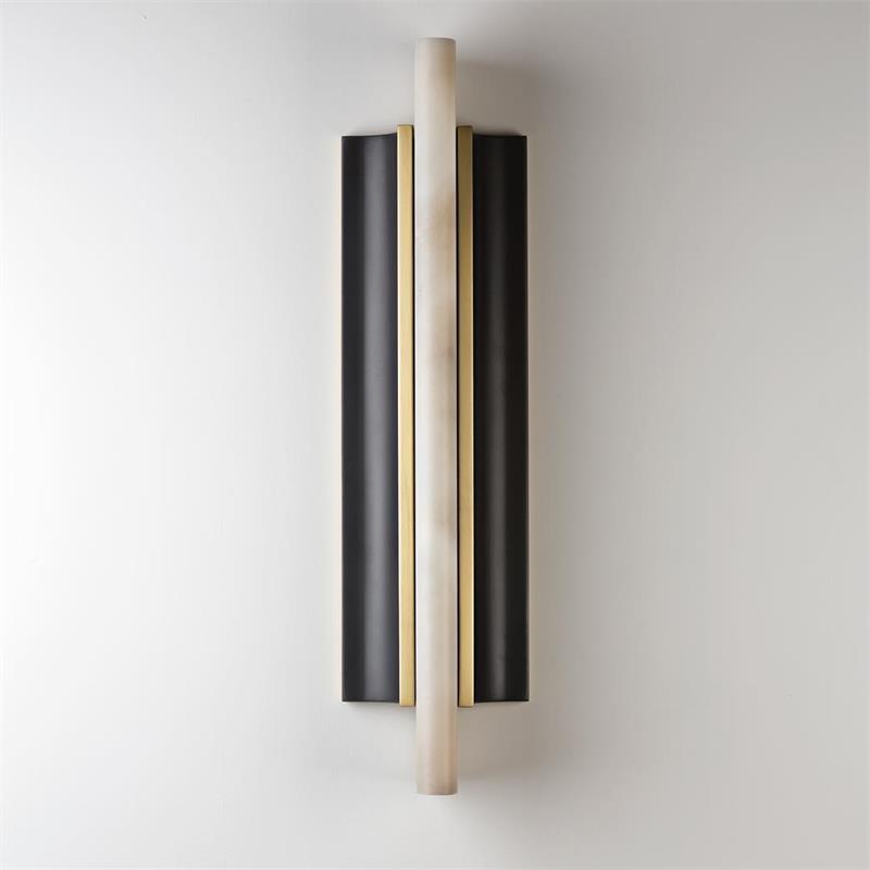 The Clérachic Brass-Edged Shield Wall Sconce unlit on a pale wall, an alabaster bar standing proud of two curved bronze shields.