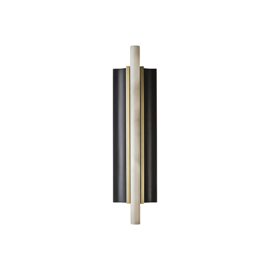 Front view of the Clérachic Brass-Edged Shield Wall Sconce, the alabaster bar overrunning the brass-bordered shields top and bottom.
