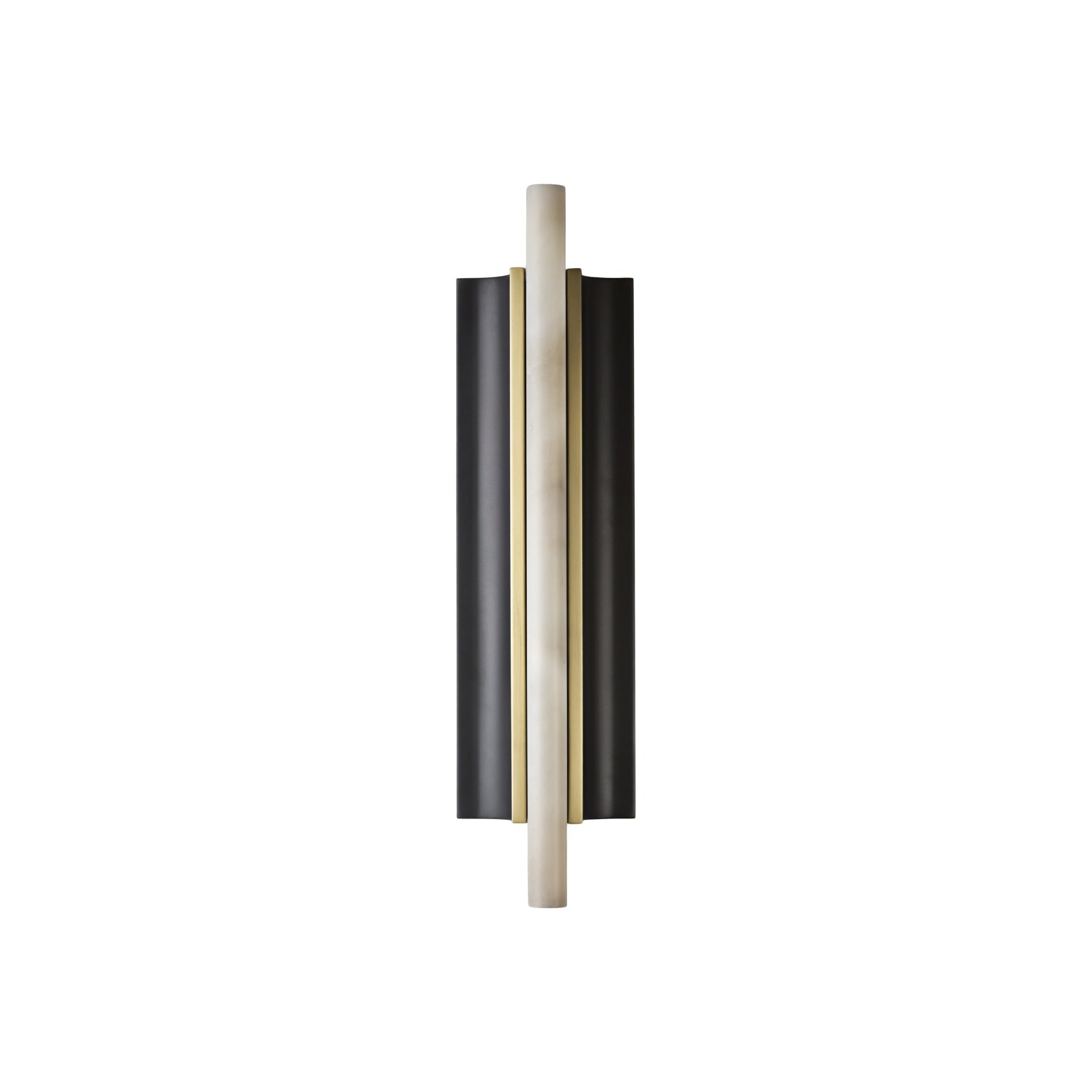 Front view of the Clérachic Brass-Edged Shield Wall Sconce, the alabaster bar overrunning the brass-bordered shields top and bottom.