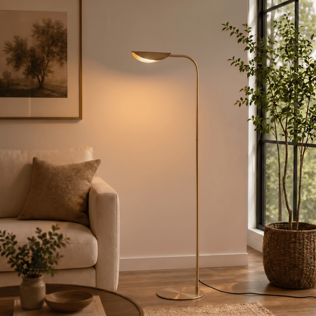 A brass Clérachic floor lamp lights a living room corner beside a beige sofa and a potted fig tree.