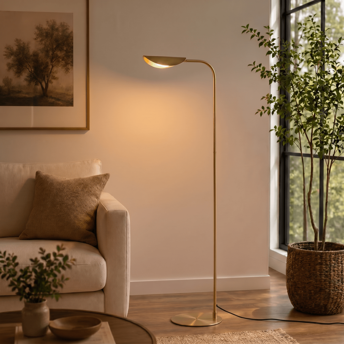 A brass Clérachic floor lamp lights a living room corner beside a beige sofa and a potted fig tree.