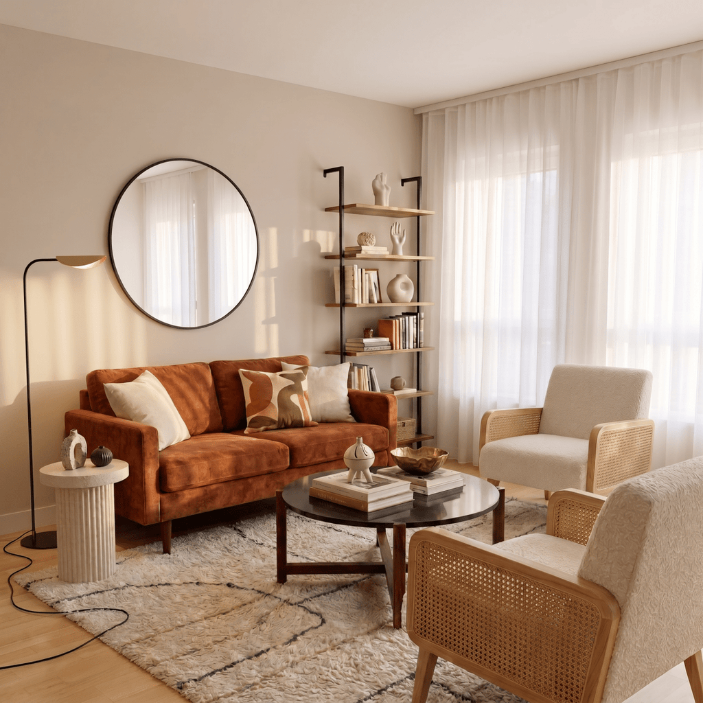 A brass-and-black Clérachic floor lamp lights a living room corner beside a round mirror and bookshelf.