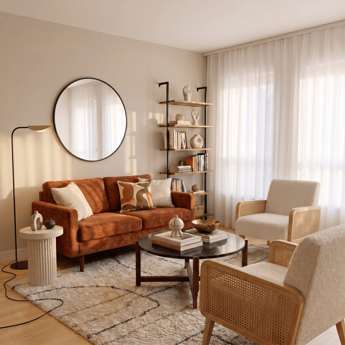 A brass-and-black Clérachic floor lamp lights a living room corner beside a round mirror and bookshelf.
