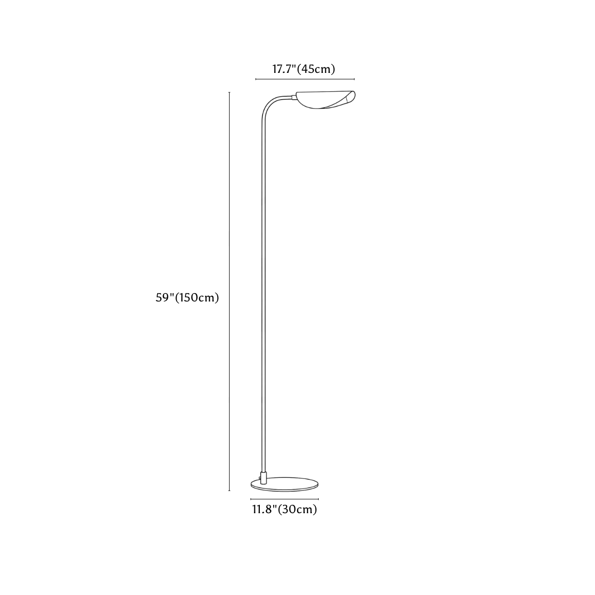 Clérachic floor lamp dimension drawing, every measurement marked in centimetres and inches.