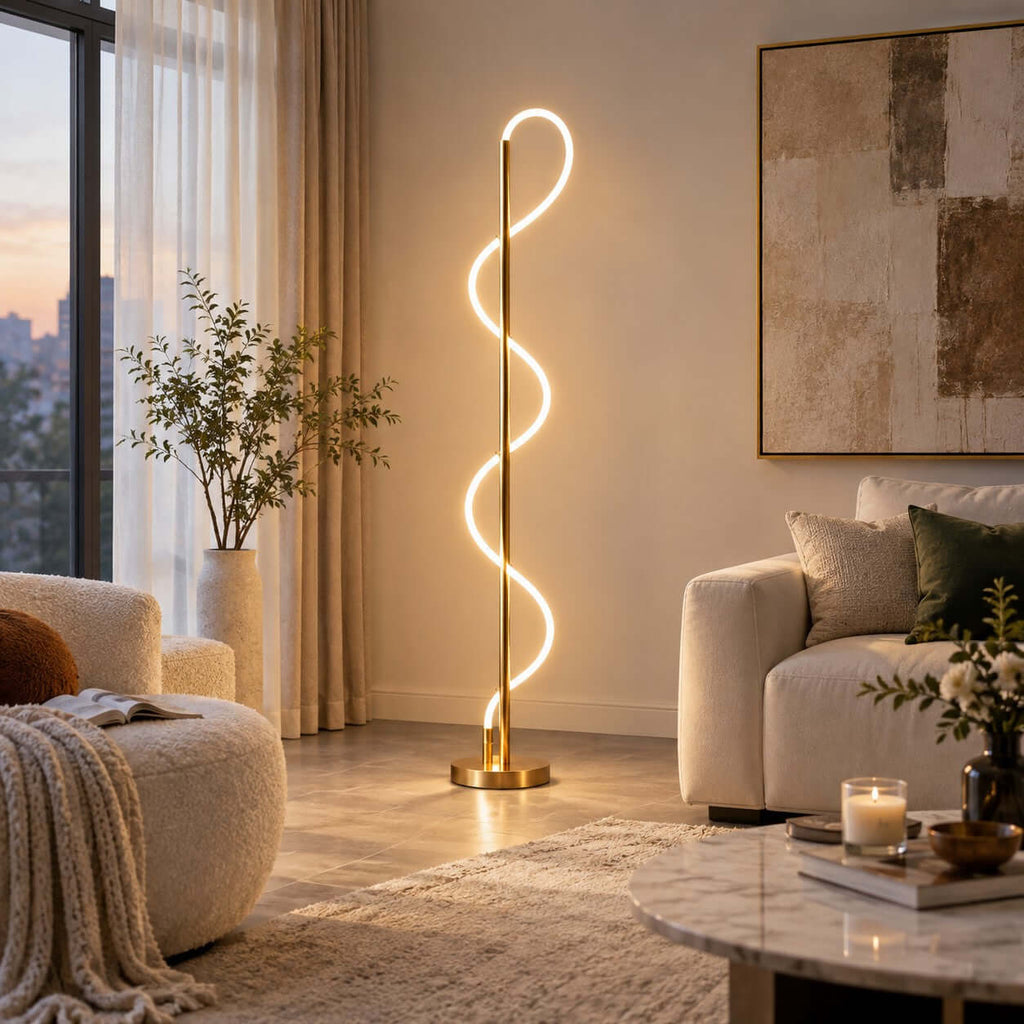 Warm light from the looping silicone strip of this Clérachic floor lamp falls on a cream armchair and a marble coffee table.