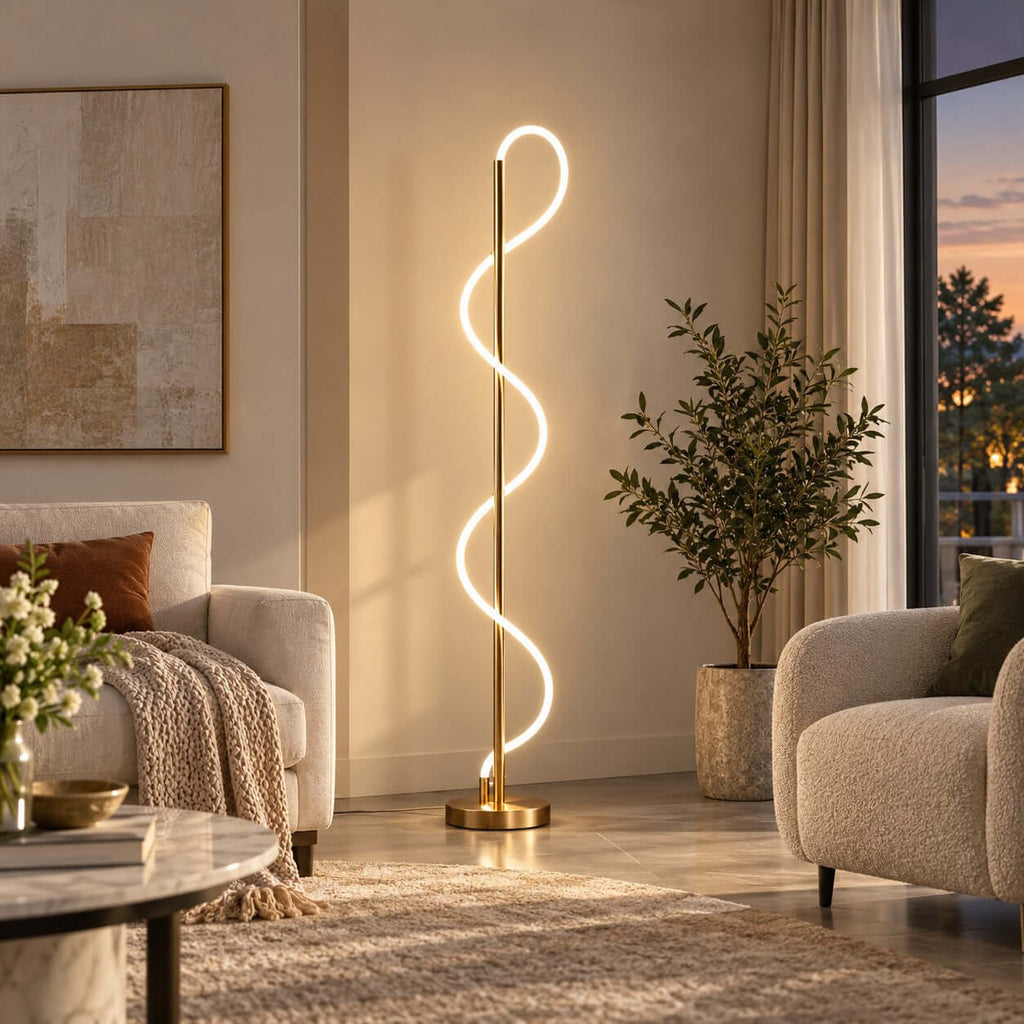 At dusk, this Clérachic floor lamp stands in a living room beside a potted olive tree, with a cream armchair and a large abstract picture.