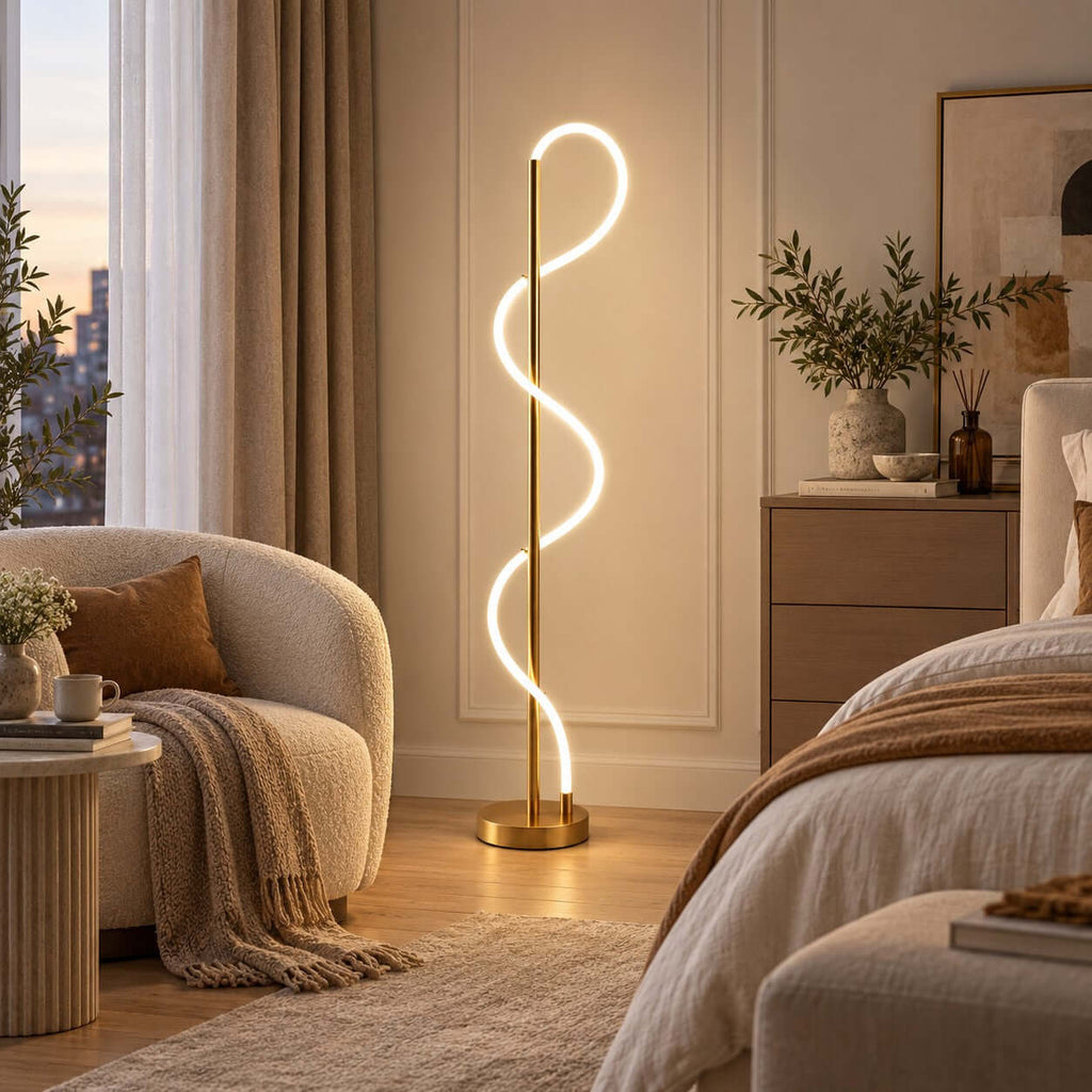 Lit in a bedroom corner, this Clérachic floor lamp stands beside a wooden chest of drawers, a boucle chair and the foot of a bed.