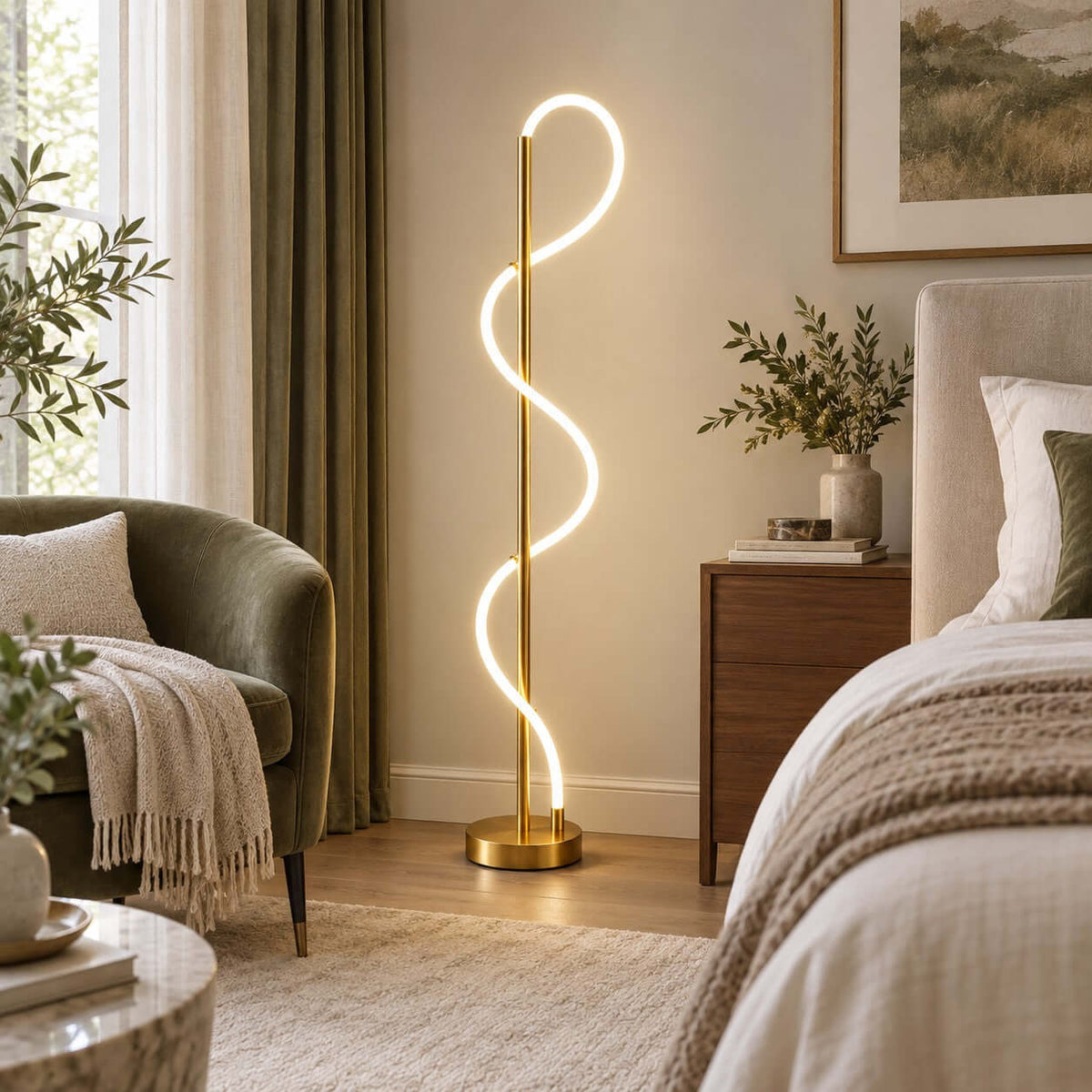 Beside a green velvet chair and a dark wood nightstand, the lit silicone curve of this Clérachic floor lamp rises from a brass base.