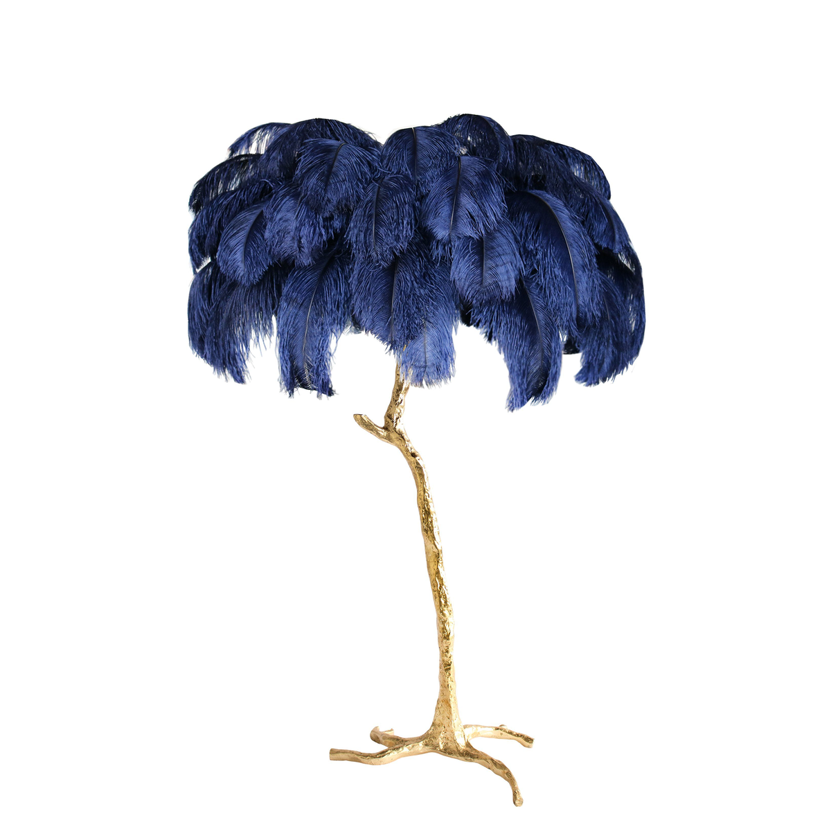 Navy plumes on a Clérachic floor lamp with a polished brass stem and base, shown on a plain white backdrop.