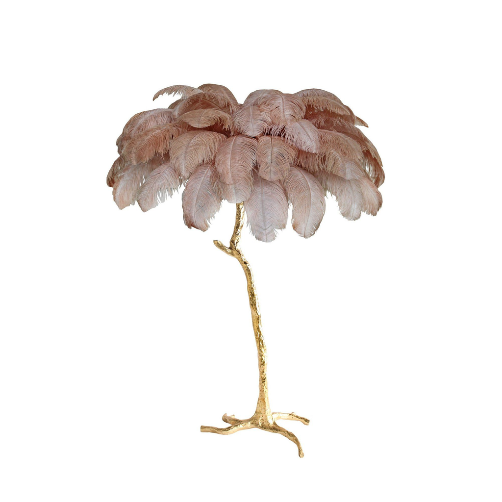 Dusty blush-beige plumes on a Clérachic floor lamp with a polished brass stem and base, shown on a white backdrop.