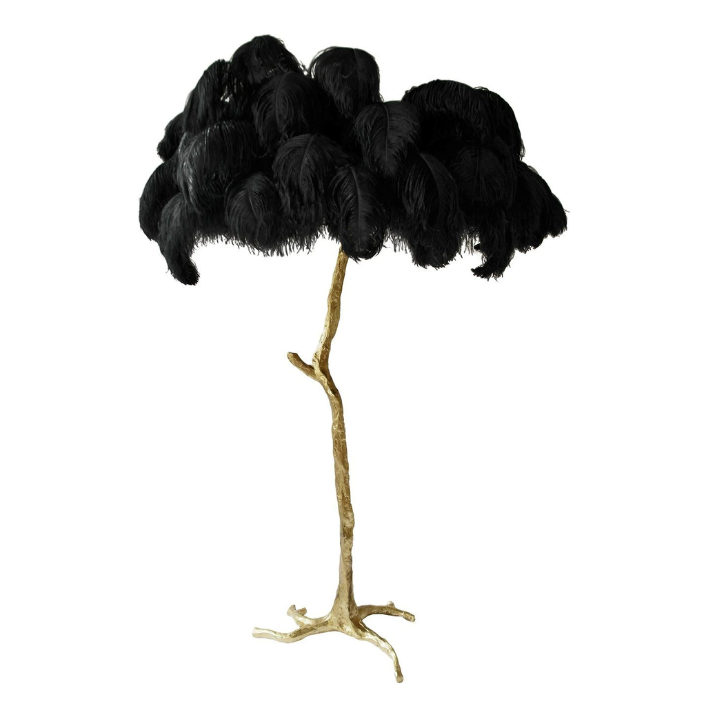 Black plumes on a Clérachic floor lamp with a polished brass stem and clawed base, photographed on a plain white backdrop.