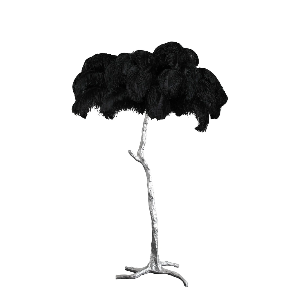 Black plumes on a Clérachic floor lamp with a silver-finish stem and three-footed base, shown on a plain white backdrop.