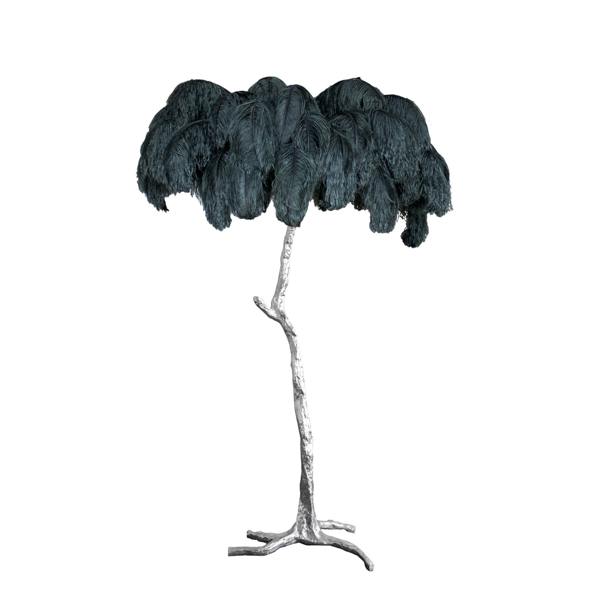 Deep slate-teal plumes on a Clérachic floor lamp with a silver-finish stem and base, photographed against plain white.