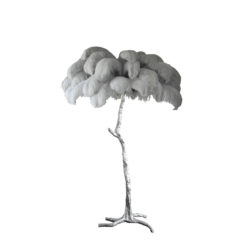 Pale grey plumes on a Clérachic floor lamp with a silver-finish stem and base, photographed on a white backdrop.