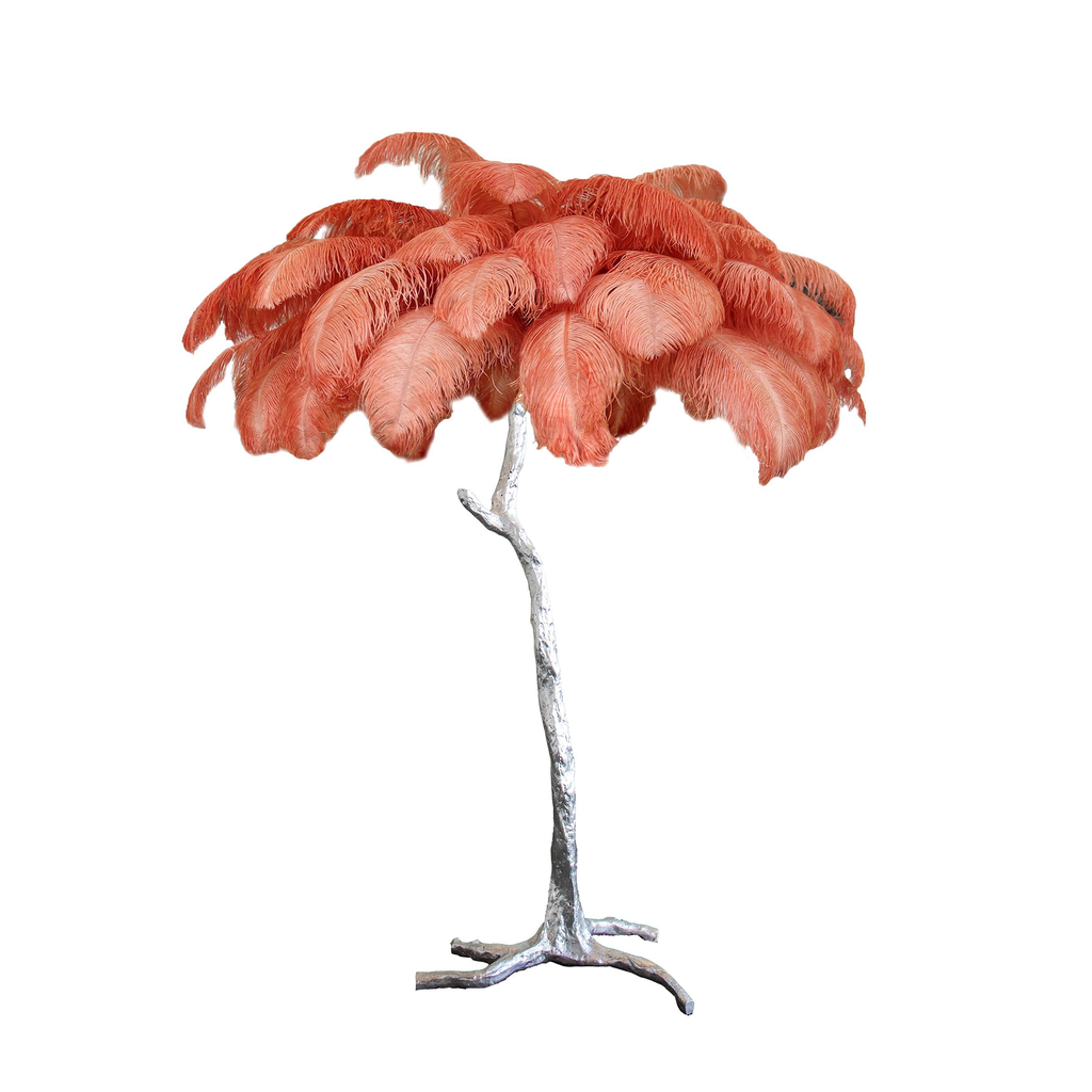 Coral plumes on a Clérachic floor lamp with a silver-finish stem and base, photographed on a plain white backdrop.