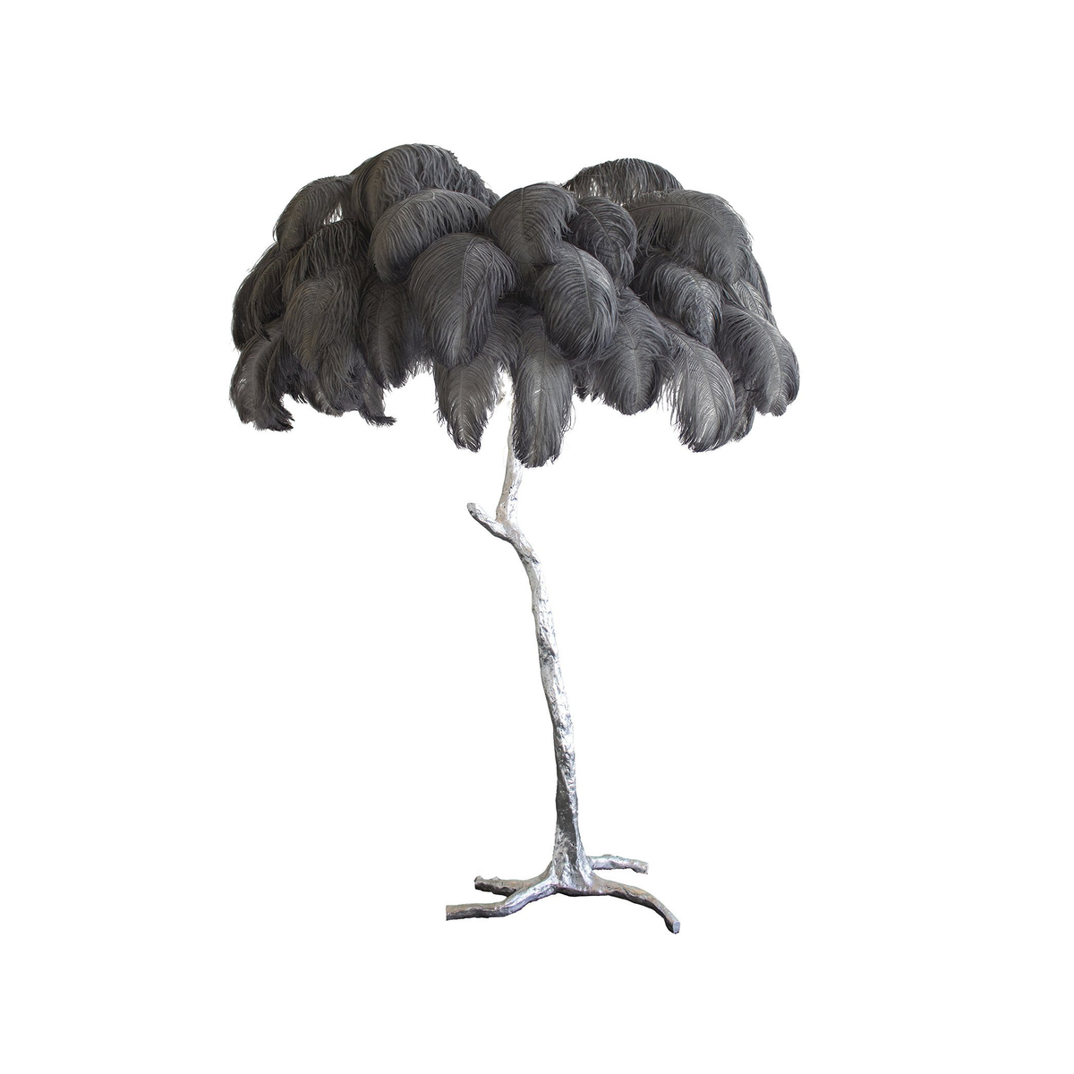 Charcoal-grey plumes on a Clérachic floor lamp with a silver-finish stem and base, shown on a plain white backdrop.