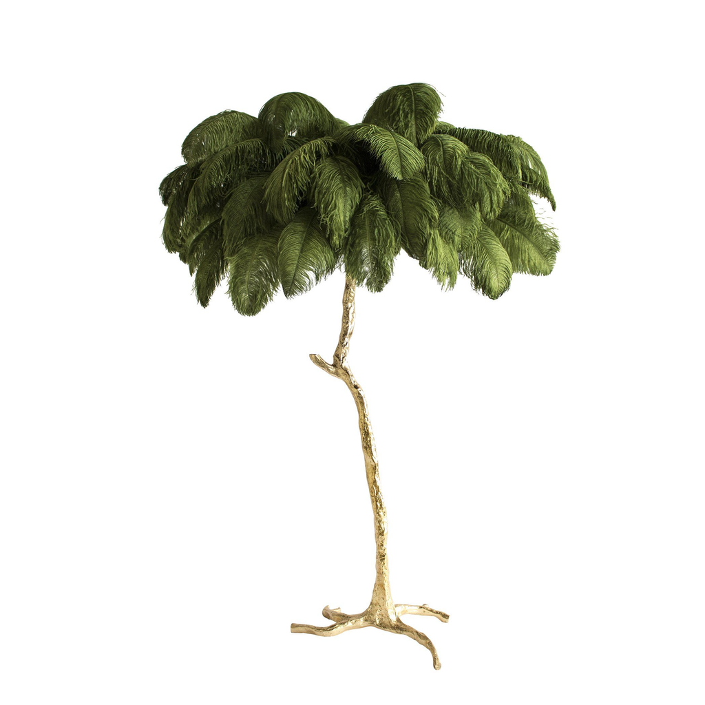 Moss-green plumes on a Clérachic floor lamp with a polished brass stem and base, shown on a plain white backdrop.