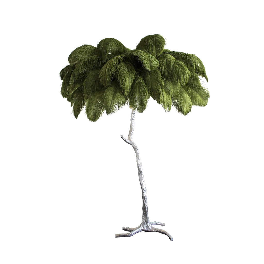 Moss-green plumes on a Clérachic floor lamp with a silver-finish stem and base, shown on a plain white backdrop.