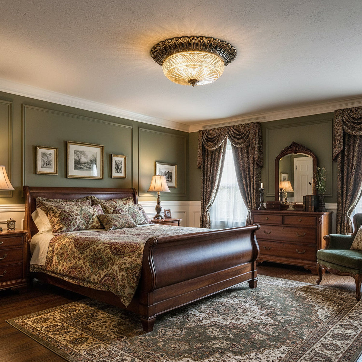 A Clérachic flush ceiling light glowing above a sleigh bed in a green-panelled bedroom, with a patterned rug and dark wood furniture.