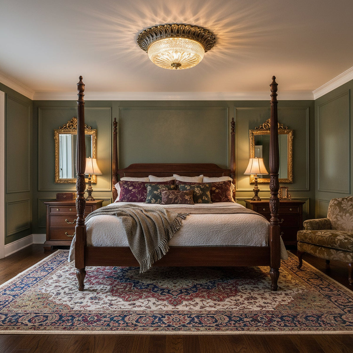 Clérachic ceiling light casting a starburst of warm light over a four-poster bed, mirrors and a Persian-style rug in a green bedroom.