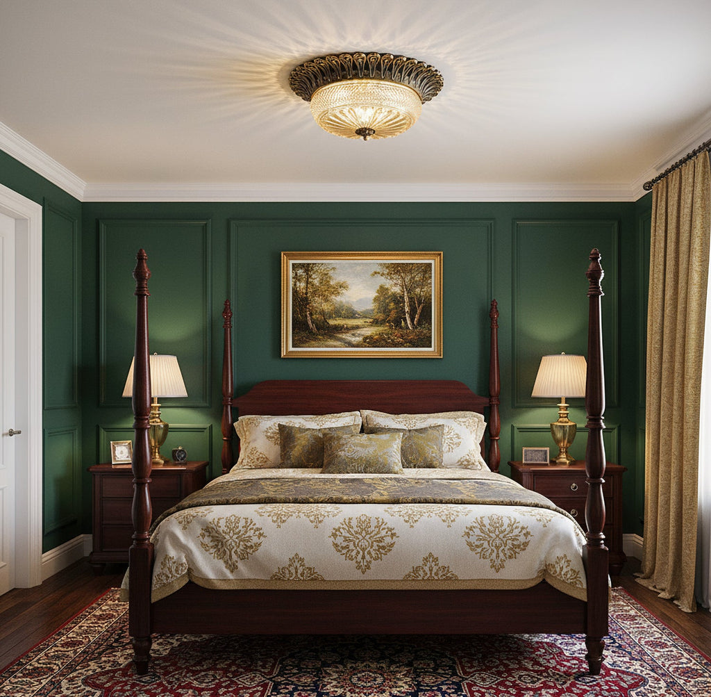 Brass and amber glass Clérachic ceiling light centred above a four-poster bed with damask bedding, beneath a landscape painting on green walls.
