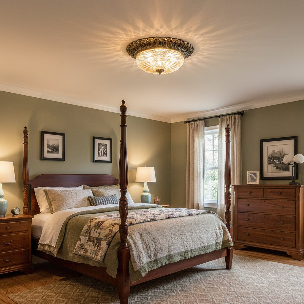 A Clérachic flush mount light lit warm over a four-poster bed in a sage-green bedroom with a chest of drawers and sheer curtains.