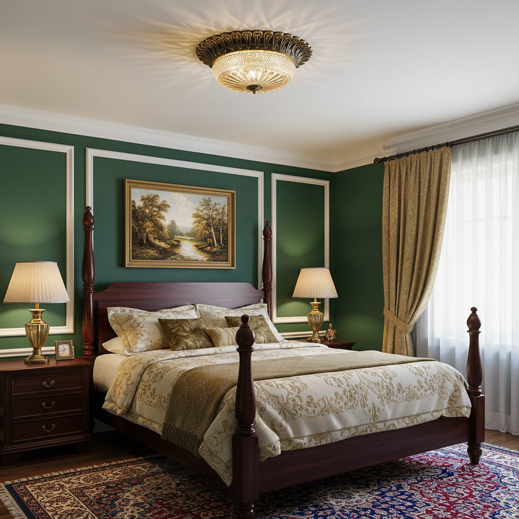 This Clérachic ceiling light seen from the foot of a four-poster bed, with gold curtains and a framed landscape on a deep green wall.