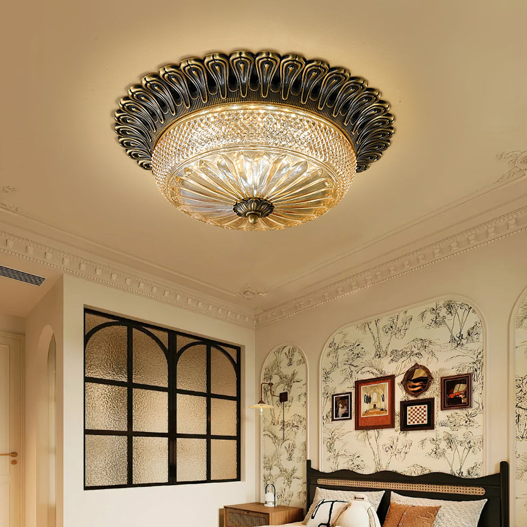 Clérachic flush ceiling light glowing in a cream room with ornate cornice, a dark-framed glass partition and floral wallpaper beyond.