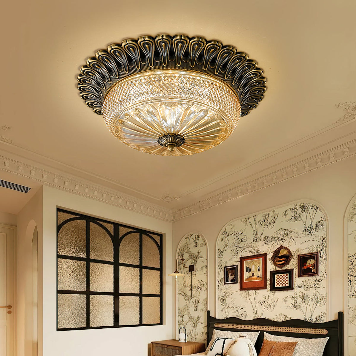 Clérachic flush ceiling light glowing in a cream room with ornate cornice, a dark-framed glass partition and floral wallpaper beyond.