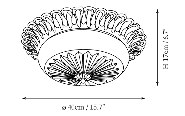 Clérachic ceiling light dimension drawing, every measurement marked in centimetres and inches.