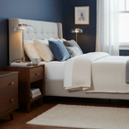 Beside a tufted bed with blue cushions, a lit Clérachic table lamp with a clear glass dome sits on a walnut nightstand.