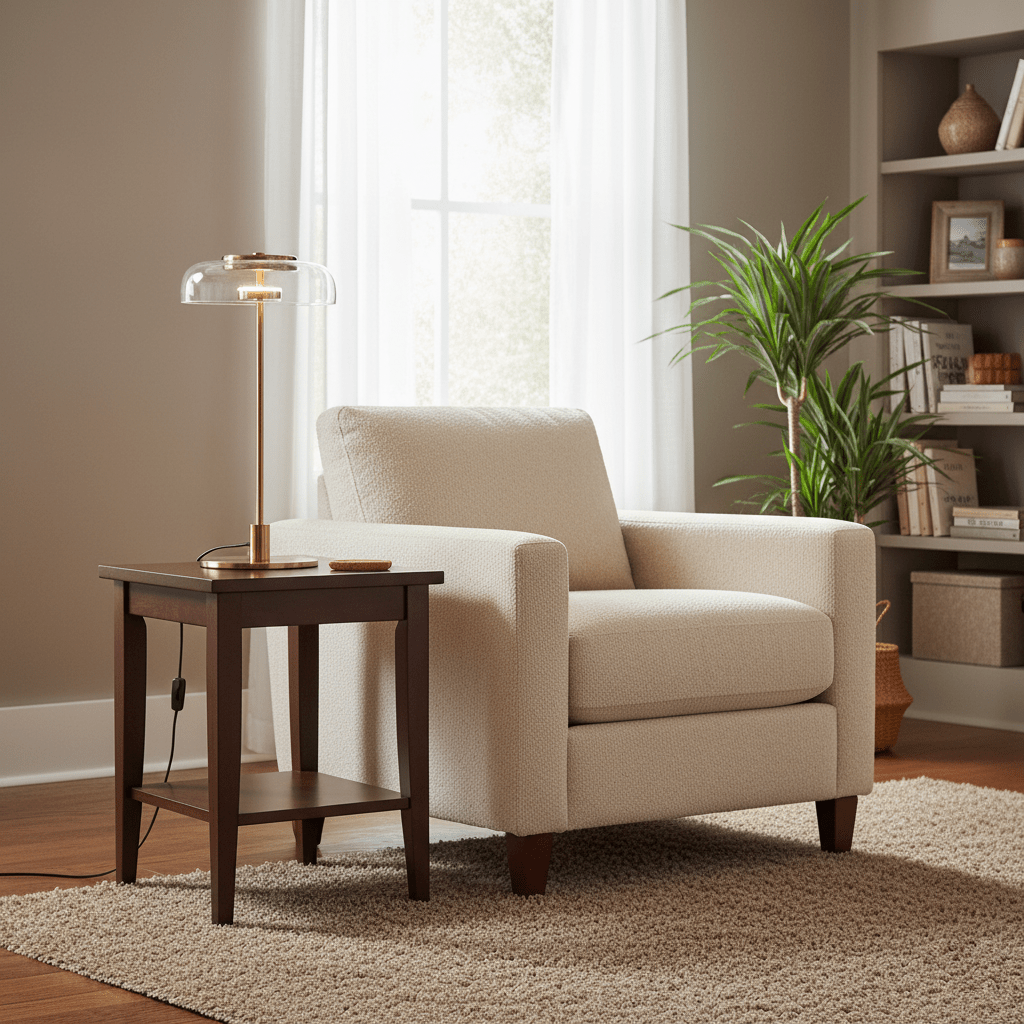 A Clérachic table lamp with a clear dome on a dark wooden side table beside a cream armchair, with a tall plant and bookshelf behind.