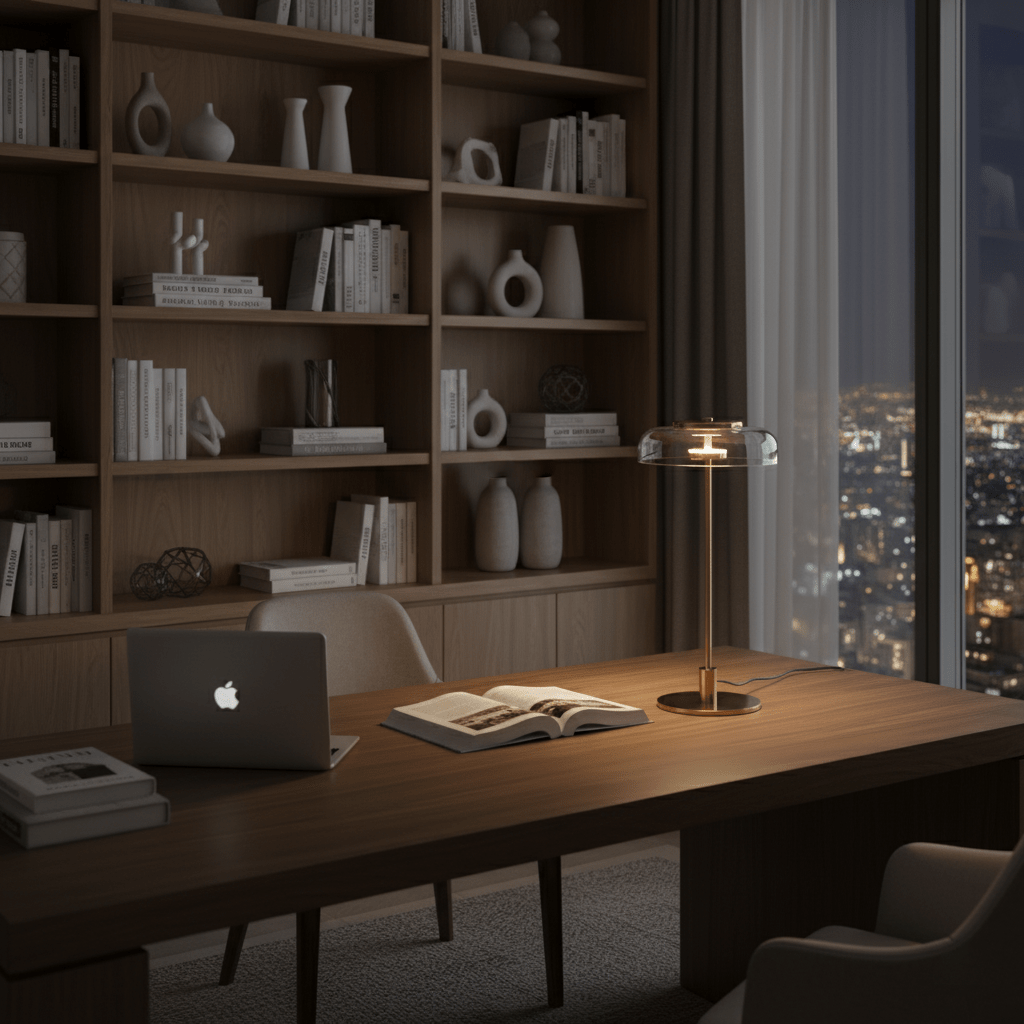 A lit Clérachic table lamp on a wooden desk at night, with an open book and a laptop, in front of a bookcase and a city view.