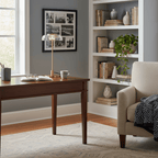 Clérachic table lamp with a clear glass shade on a dark wooden desk, with an open book and a mug, in a grey room with white shelving.