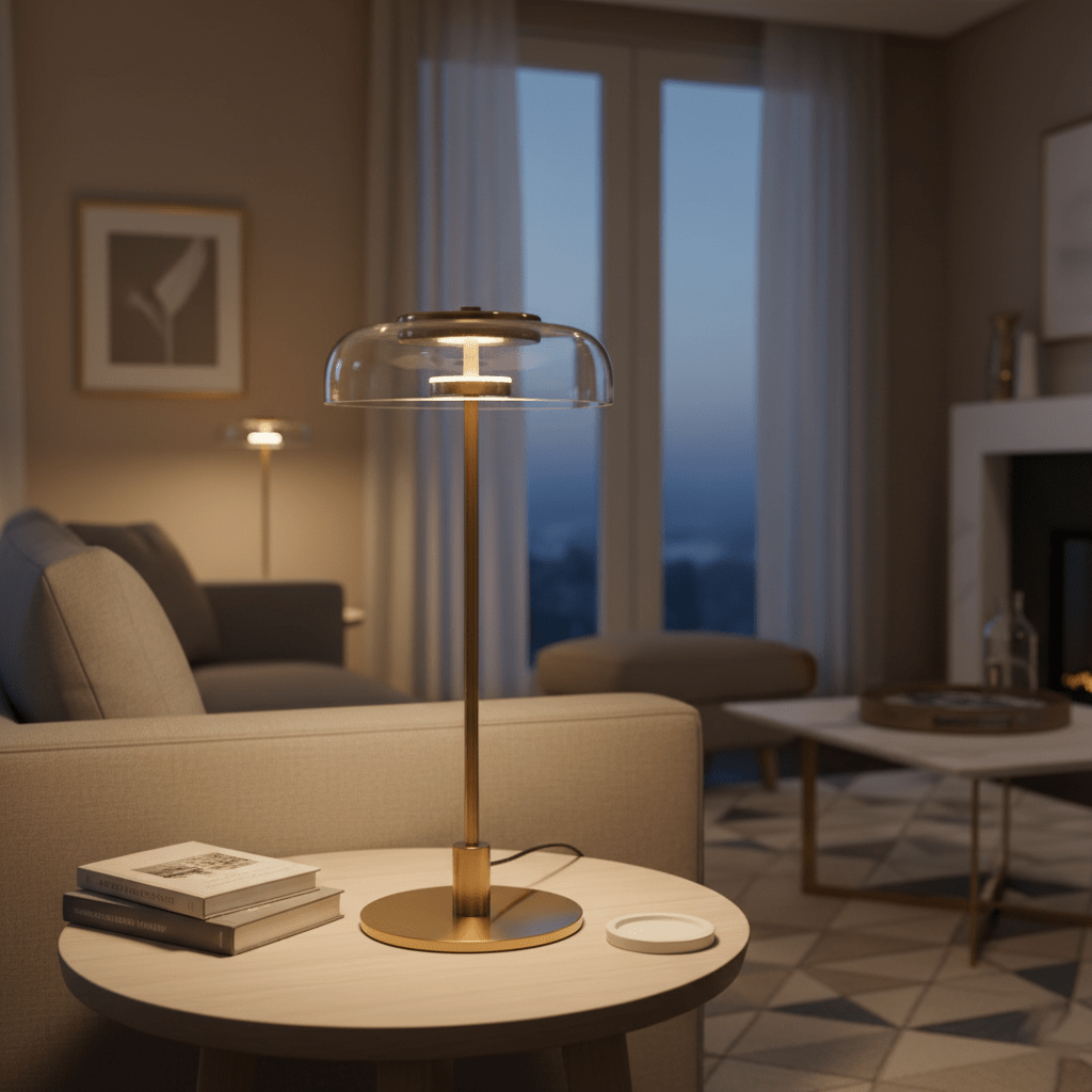 A Clérachic table lamp with a glass dome lit on a round pale table with a stack of books, in a softly lit living room at dusk.