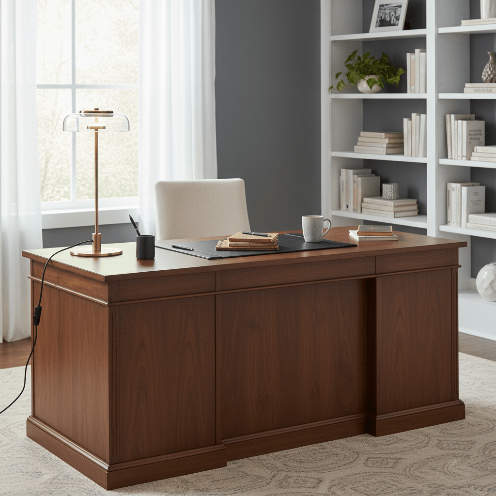 Seen from across a wide wooden desk, this Clérachic table lamp stands by a pen pot and a mug, with white bookshelves behind.