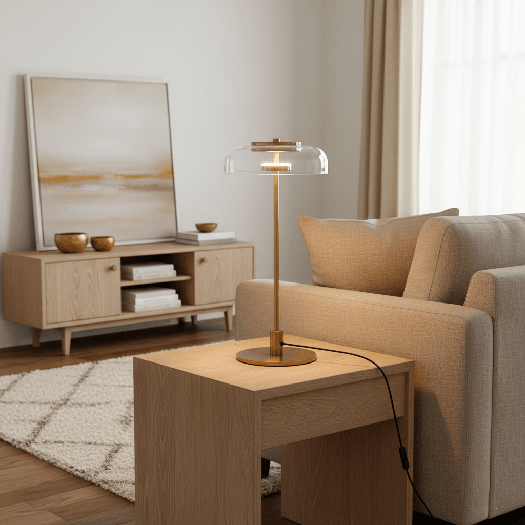 This Clérachic table lamp on a light wooden side table beside a sofa, with a framed landscape and a pale media unit behind.