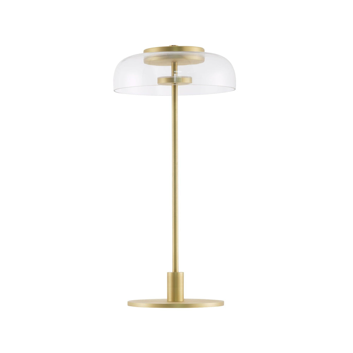 A Clérachic table lamp with a clear glass dome, shown unlit on a white background, standing on a slim brass stem and a flat round base.