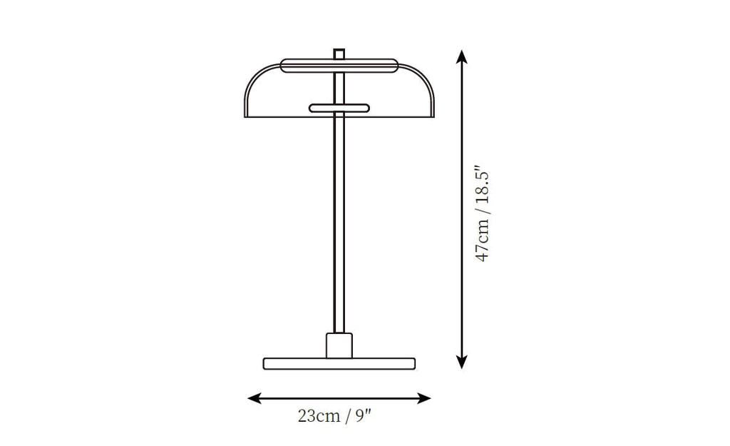 Clérachic table lamp dimension drawing, every measurement marked in centimetres and inches.
