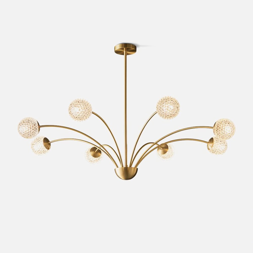 This Clérachic chandelier on a plain white backdrop, a brass central rod and curving arms ending in honeycomb-textured globes.