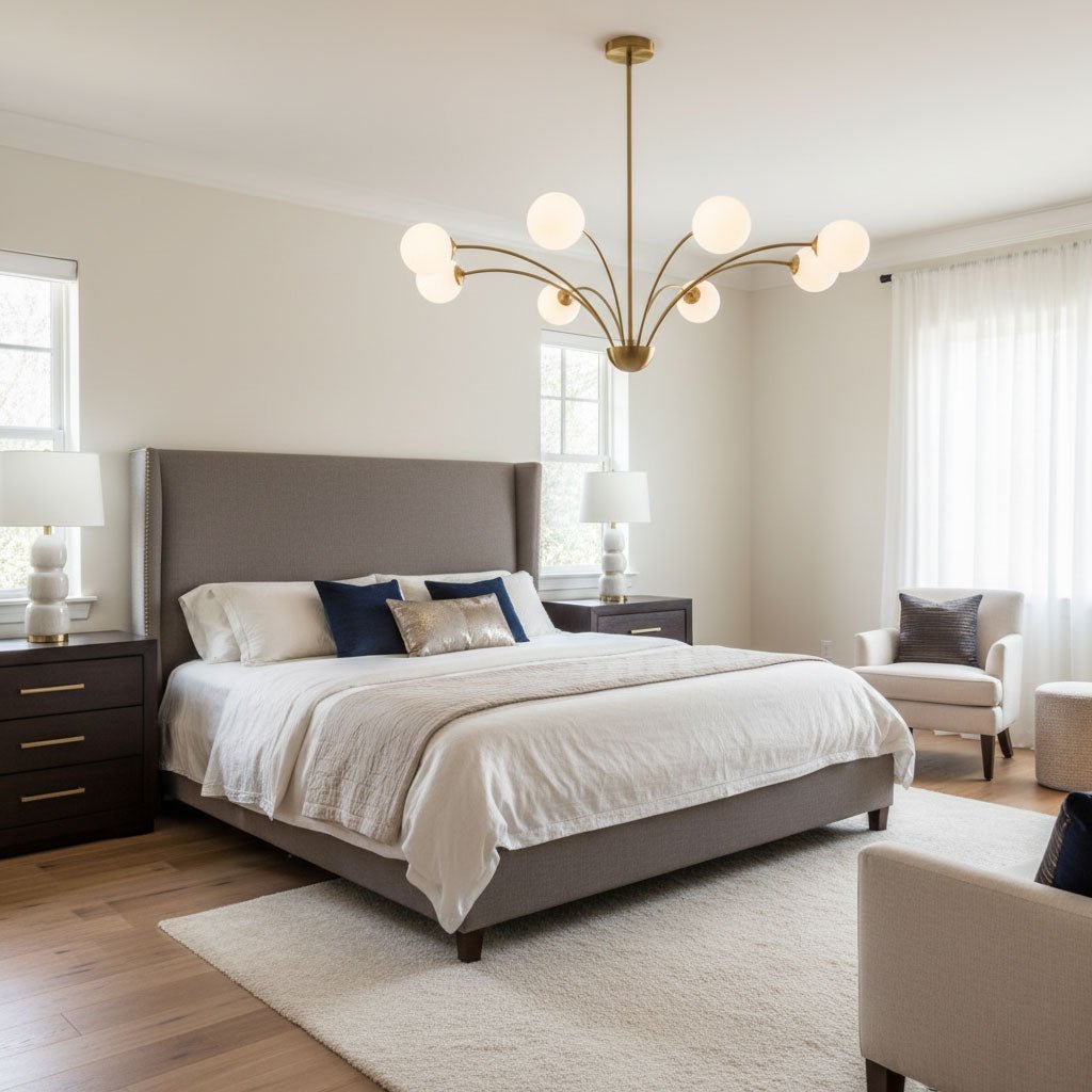 Above a bed with a grey upholstered headboard, a Clérachic chandelier with white globes on slim brass arms in a bright bedroom.