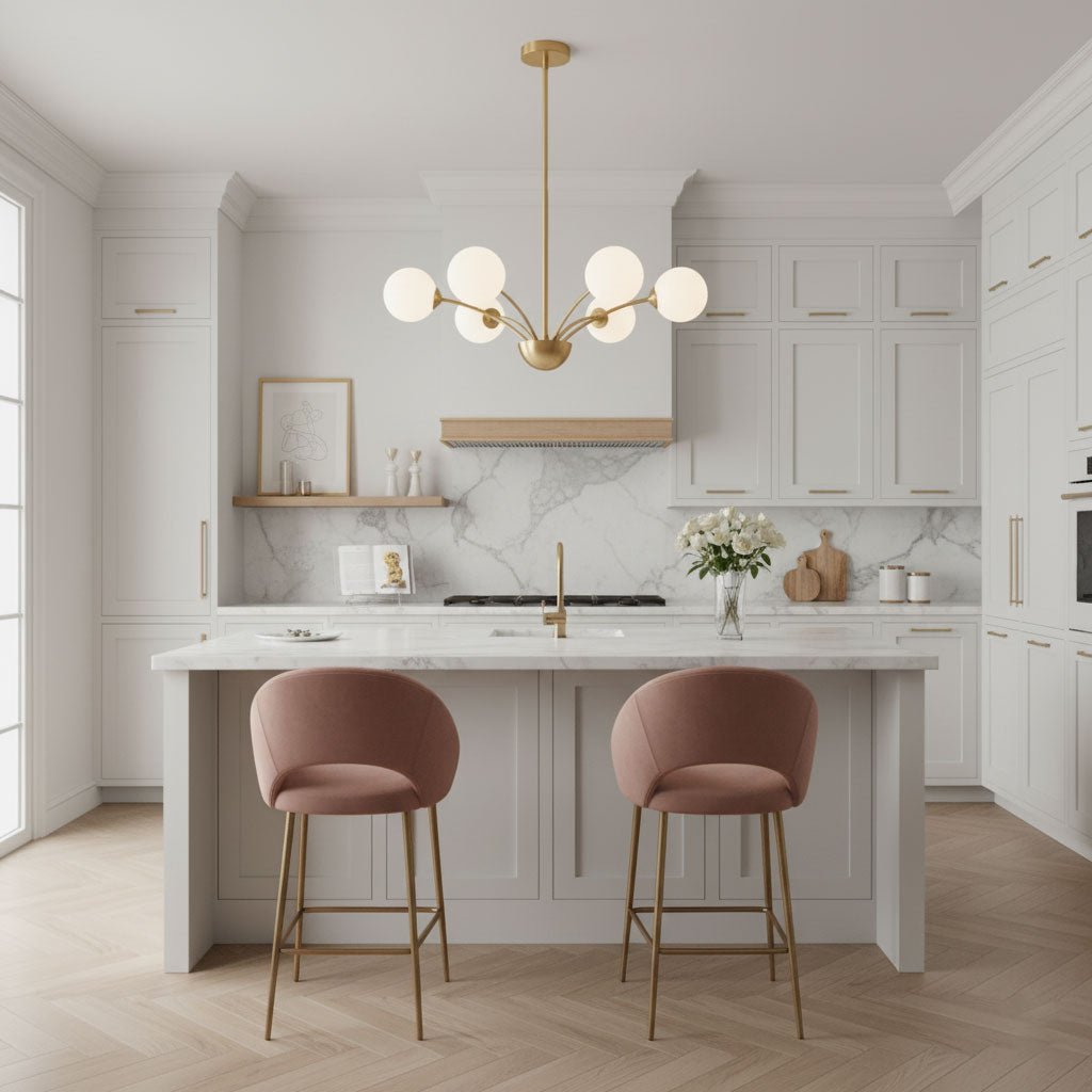 A Clérachic brass chandelier with white globes above a marble-topped kitchen island, with two pink velvet bar stools in front.