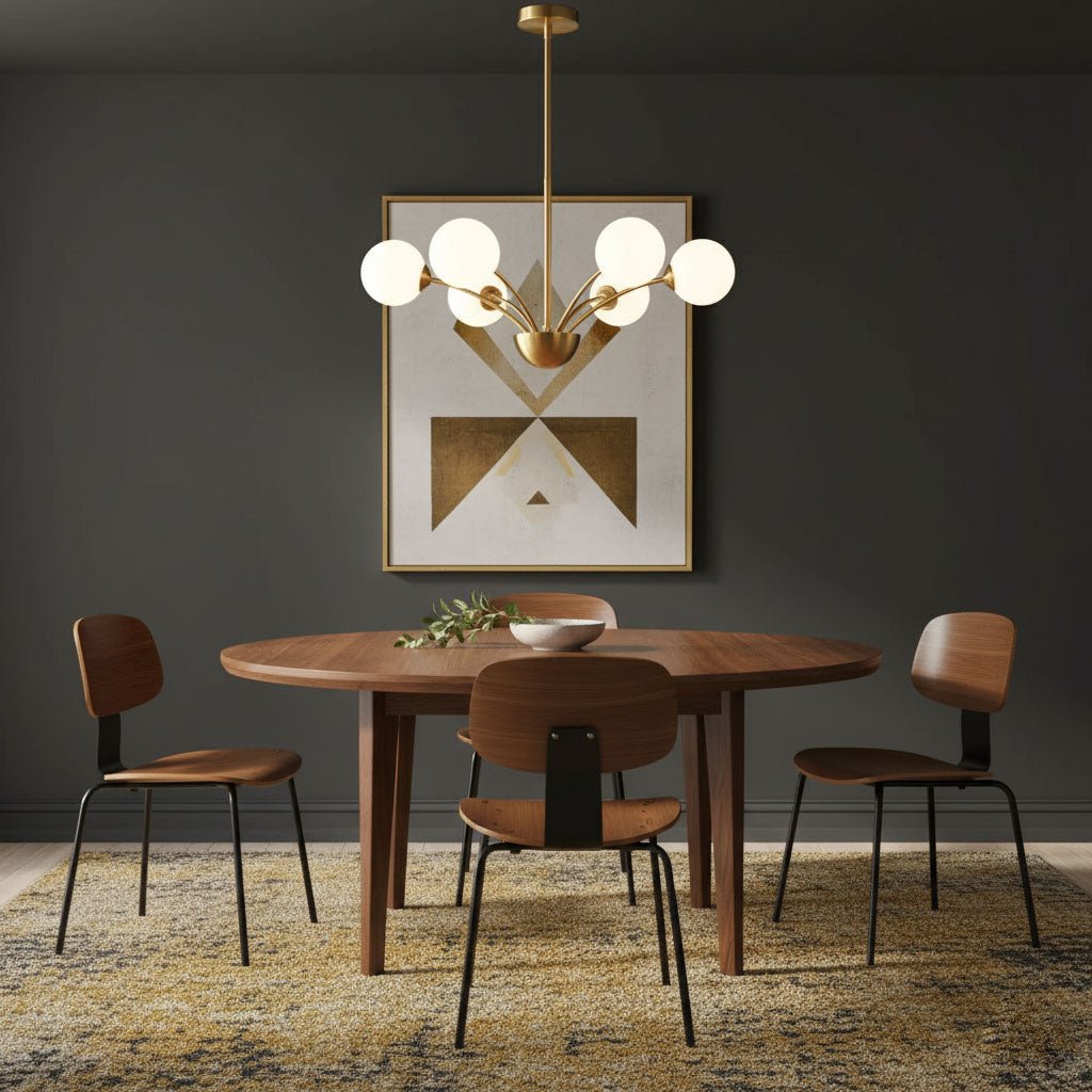 A Clérachic chandelier with white glass globes over a round walnut dining table, with a geometric painting on a dark grey wall.