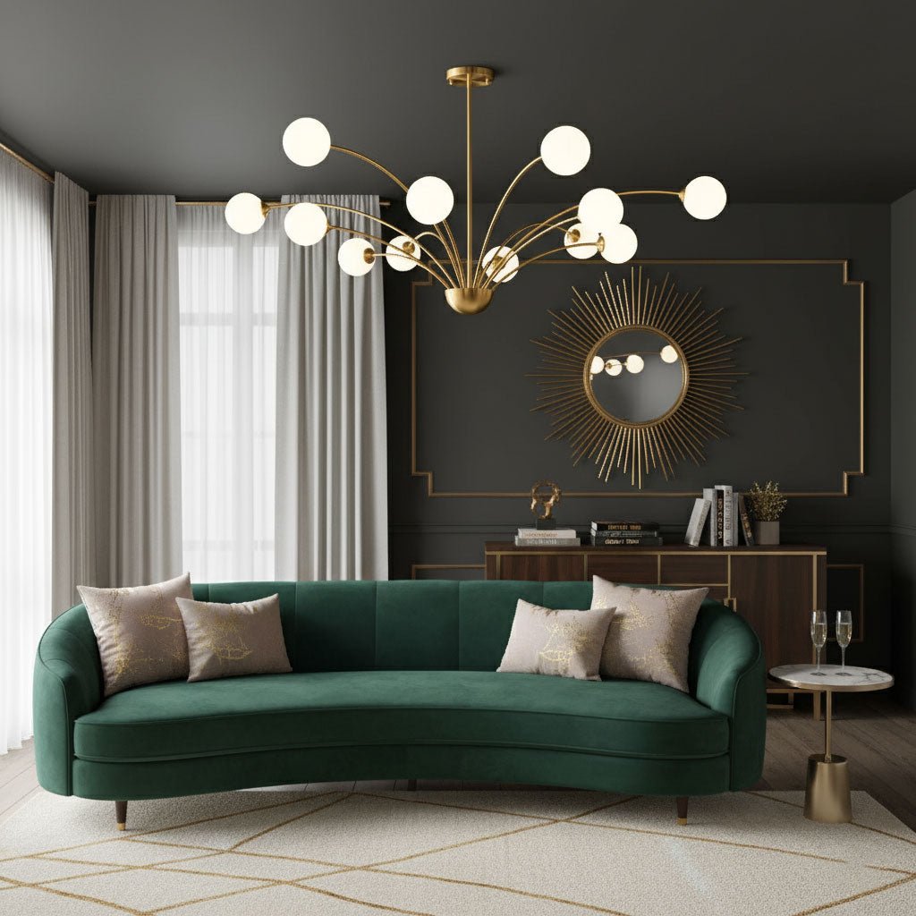 A Clérachic chandelier with white globes above a curved green velvet sofa, with a sunburst mirror on a dark wall behind.