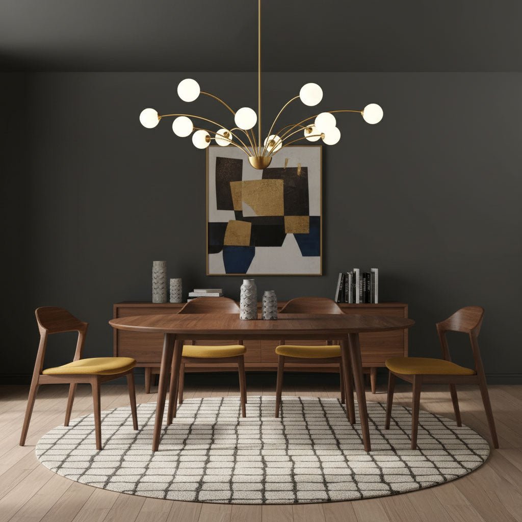 Above a round walnut dining table with mustard chairs, a Clérachic brass chandelier with white globes against a dark grey wall.