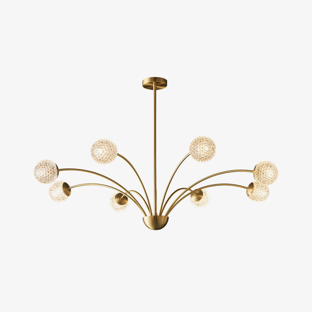 This Clérachic brass chandelier on a plain white backdrop, with textured globes held out on thin curving arms from a half-dome hub.