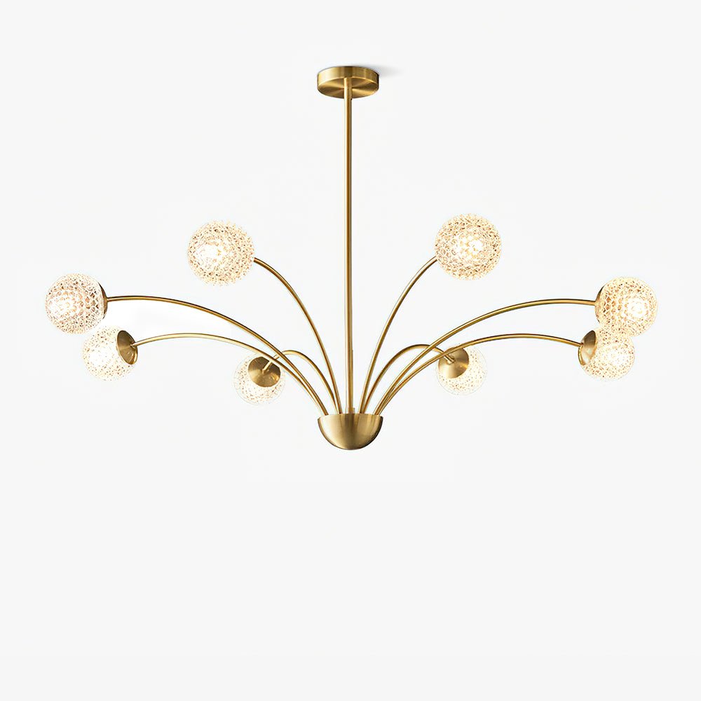 This Clérachic brass chandelier shown whole on a plain pale backdrop, with a slim central rod and eight textured globes on curved arms.